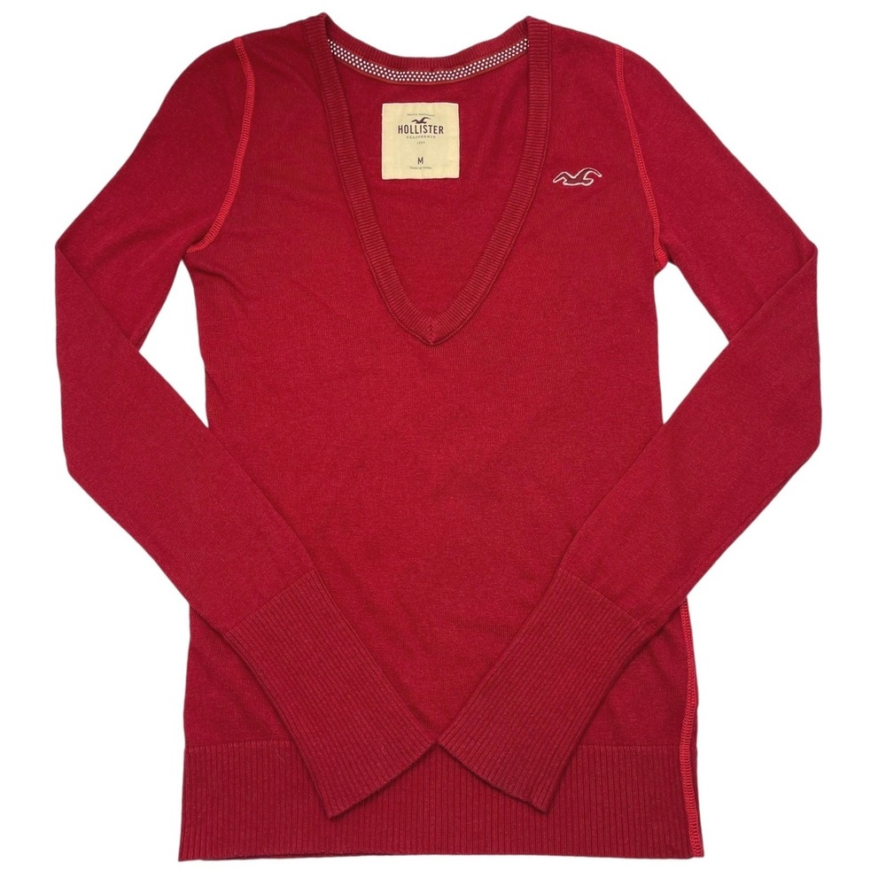 VTG Y2K Hollister Women's Long Sleeve V Neck Sweater Top Sz M Red Valentines HCO